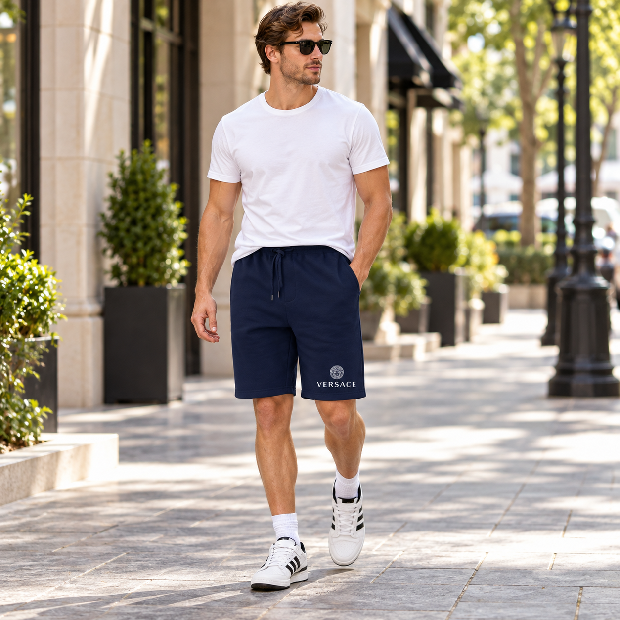Men's Versace Athletic Fleece Shorts | Color: Navy | Image 3