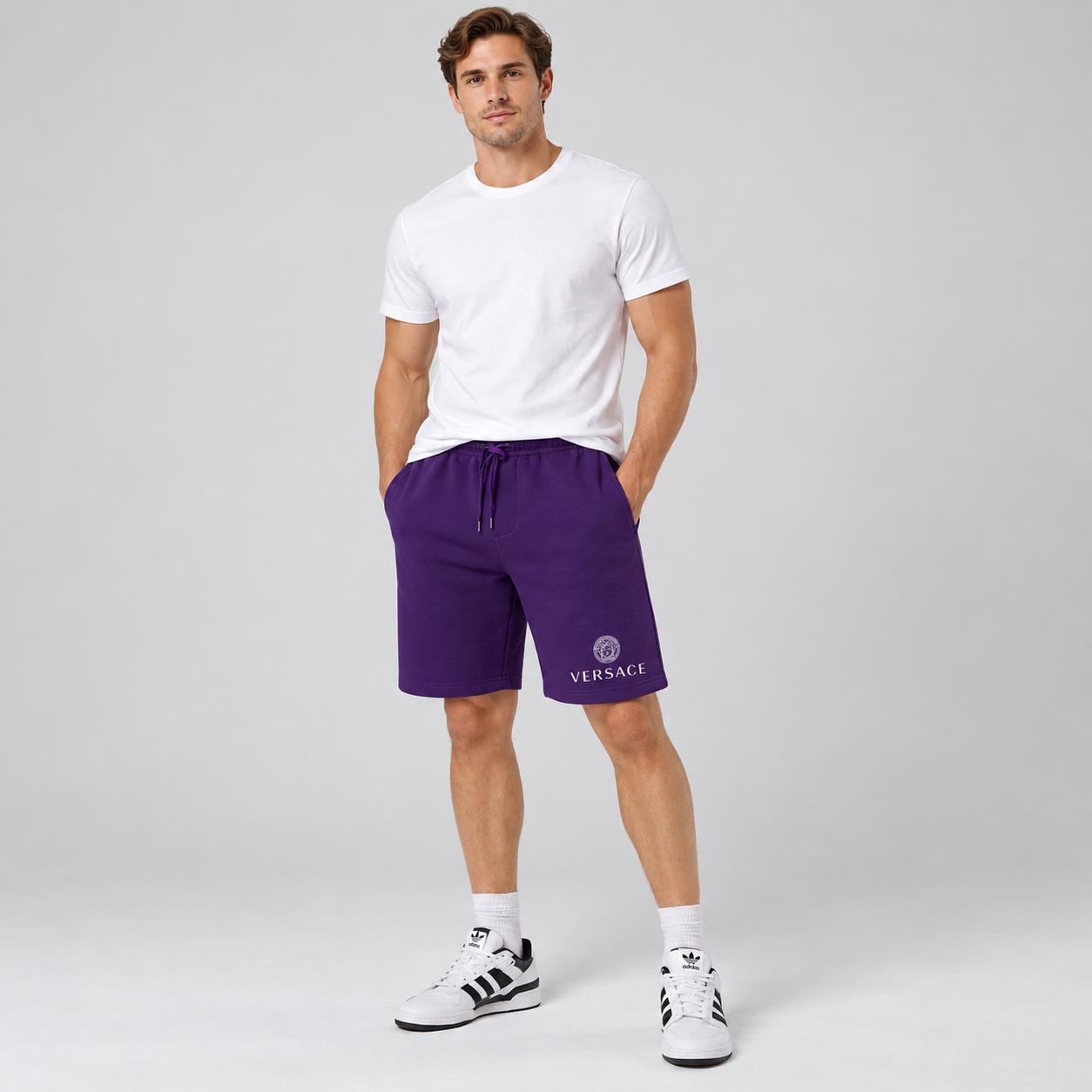 Men's Versace Athletic Fleece Shorts | Color: Purple | Image 2