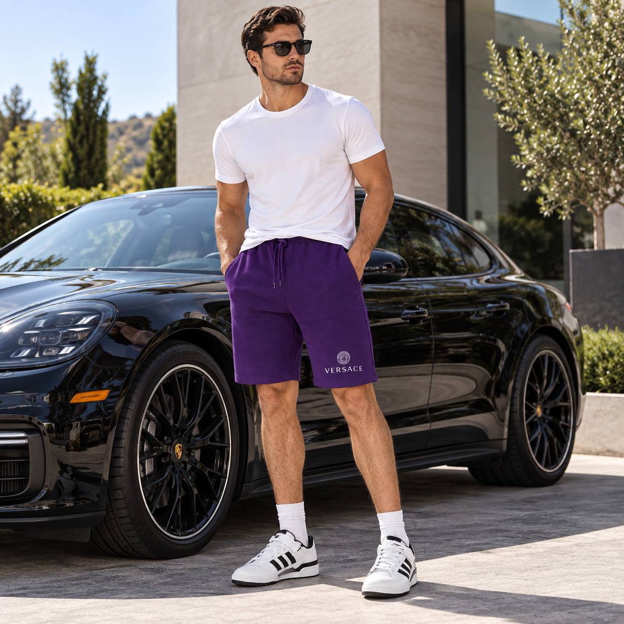 Men's Versace Athletic Fleece Shorts | Color: Purple | Image 4