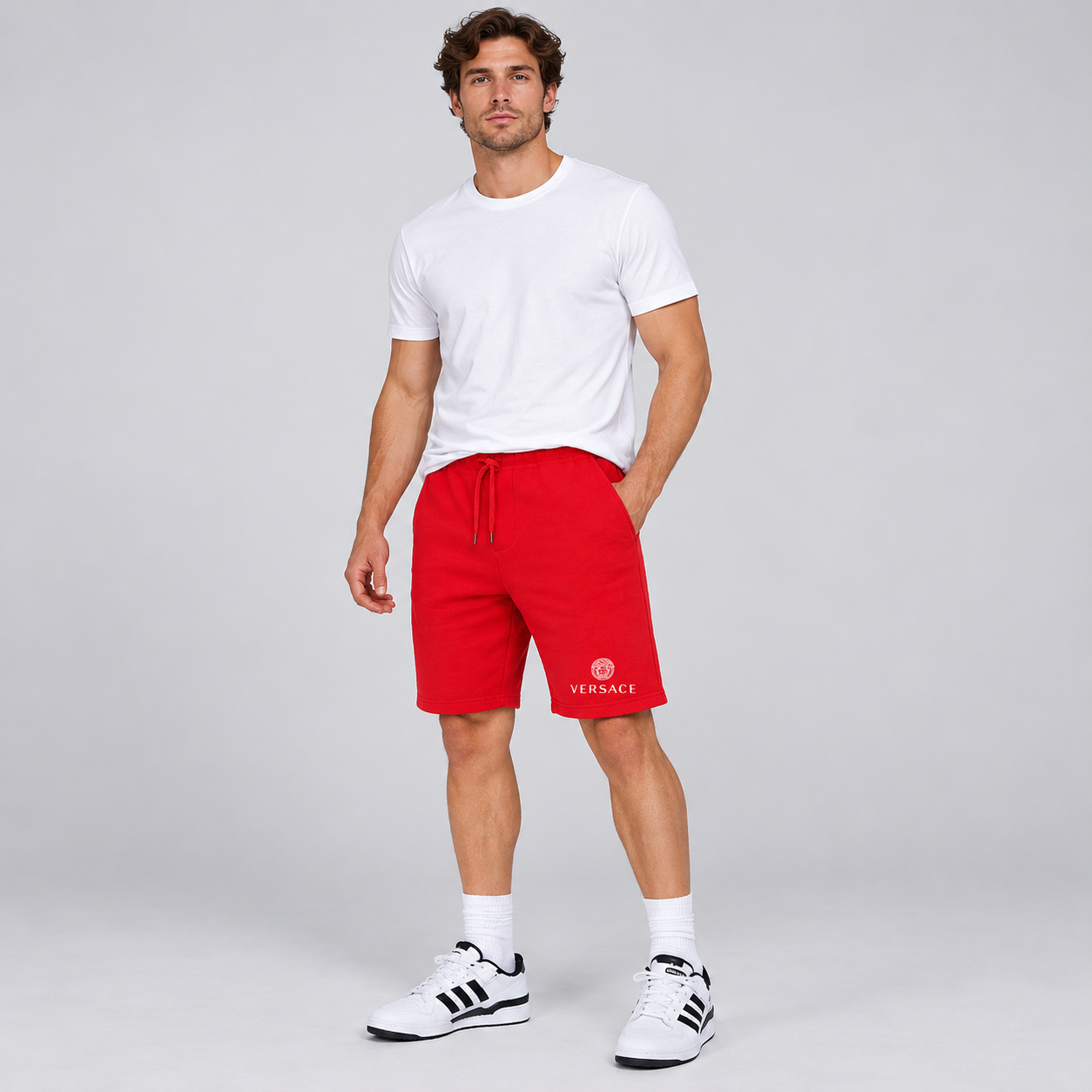 Men's Versace Athletic Fleece Shorts | Color: Red | Image 2