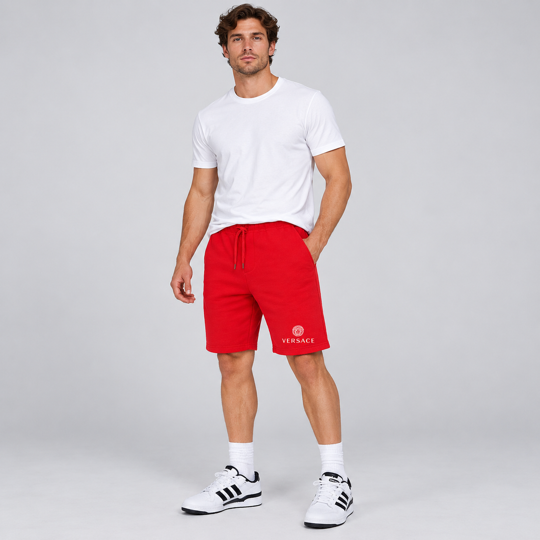 Men's Versace Athletic Fleece Shorts | Color: Red | Image 2