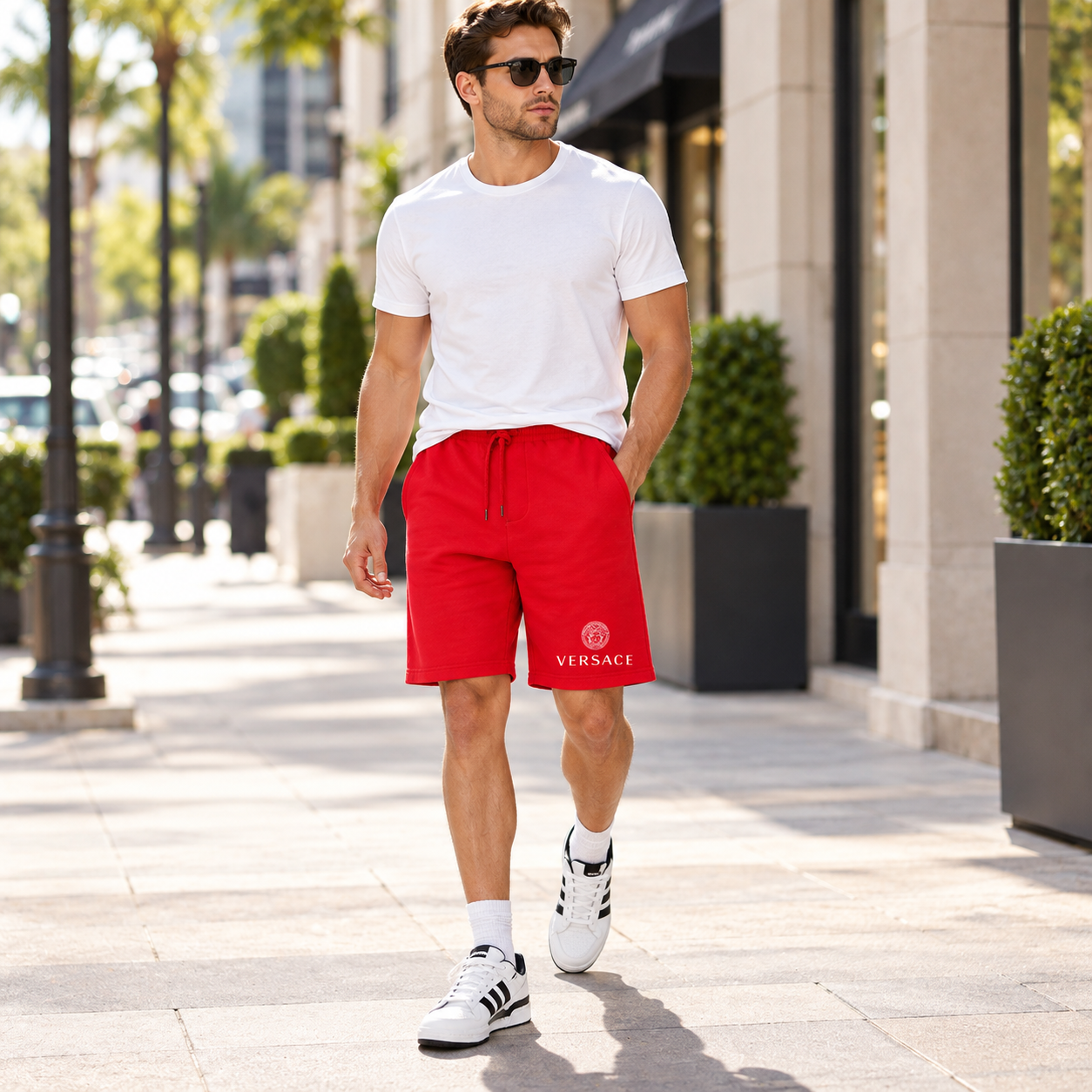 Men's Versace Athletic Fleece Shorts | Color: Red | Image 3