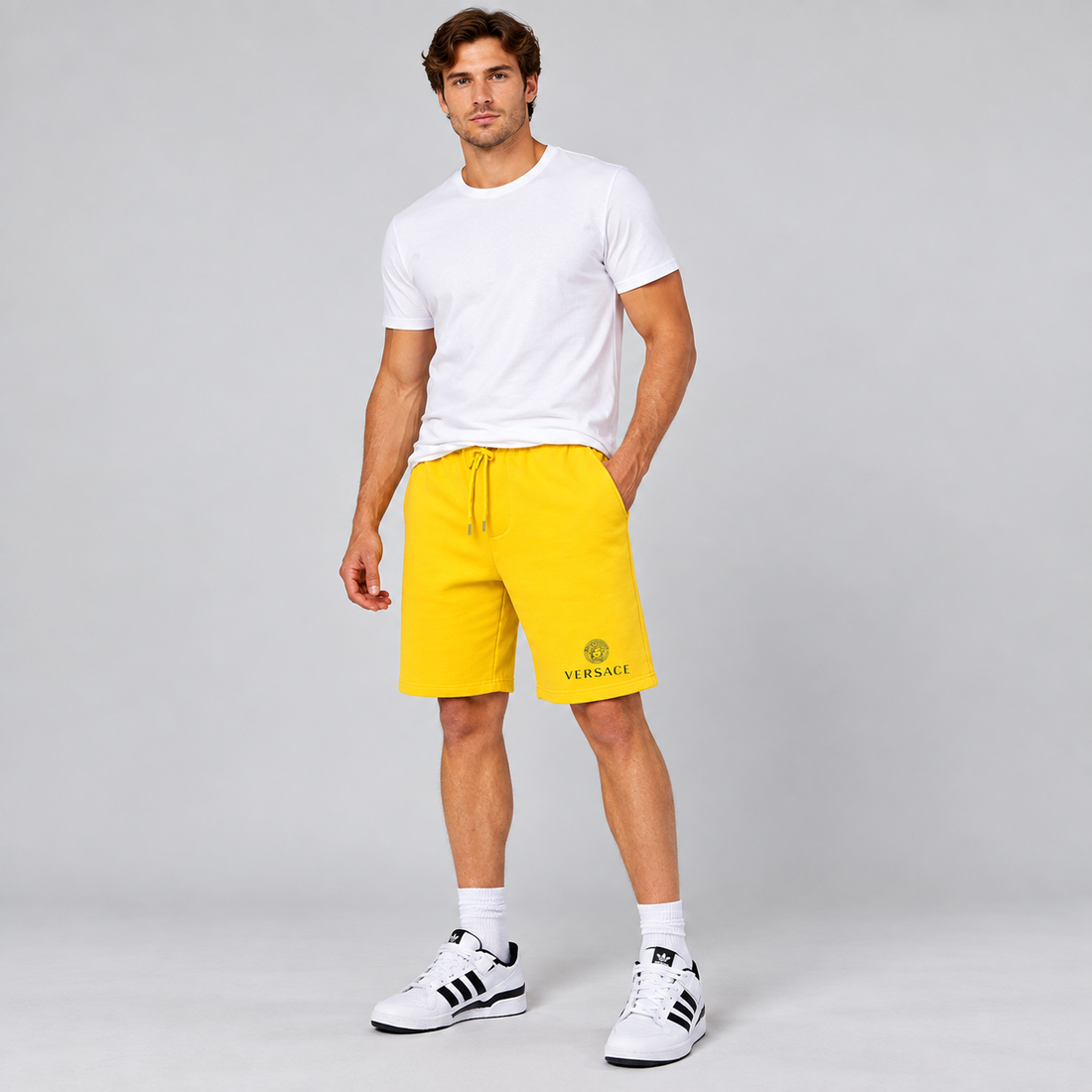 Men's Versace Athletic Fleece Shorts | Color: Yellow | Image 2