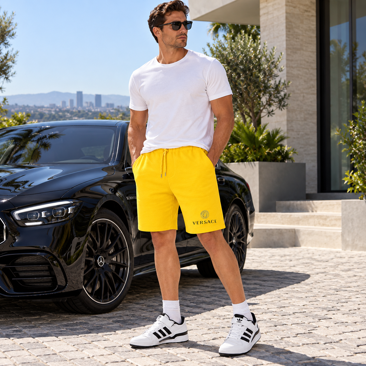Men's Versace Athletic Fleece Shorts | Color: Yellow | Image 4