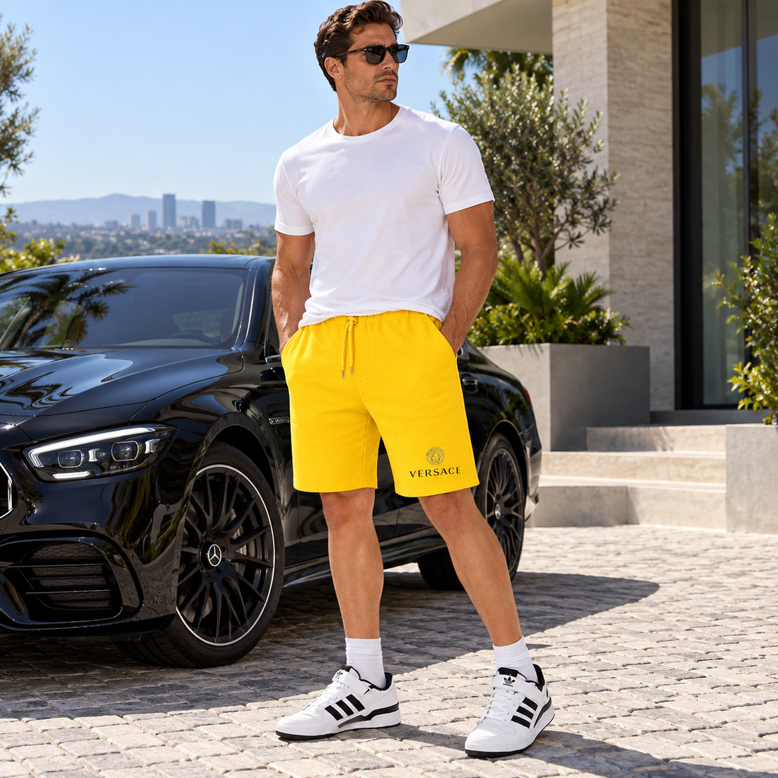 Men's Versace Athletic Fleece Shorts | Color: Yellow | Image 4