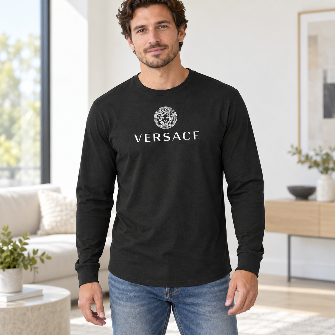 Men's Versace Cotton Long Sleeve T-Shirt | Color: black | Image 2