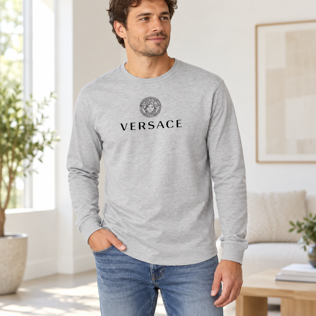 Men's Versace Cotton Long Sleeve T-Shirt | Color: grey | Image 2