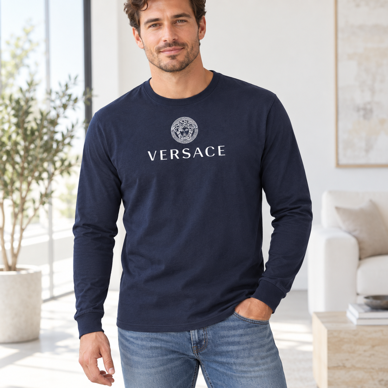 Men's Versace Cotton Long Sleeve T-Shirt | Color: navy | Image 2