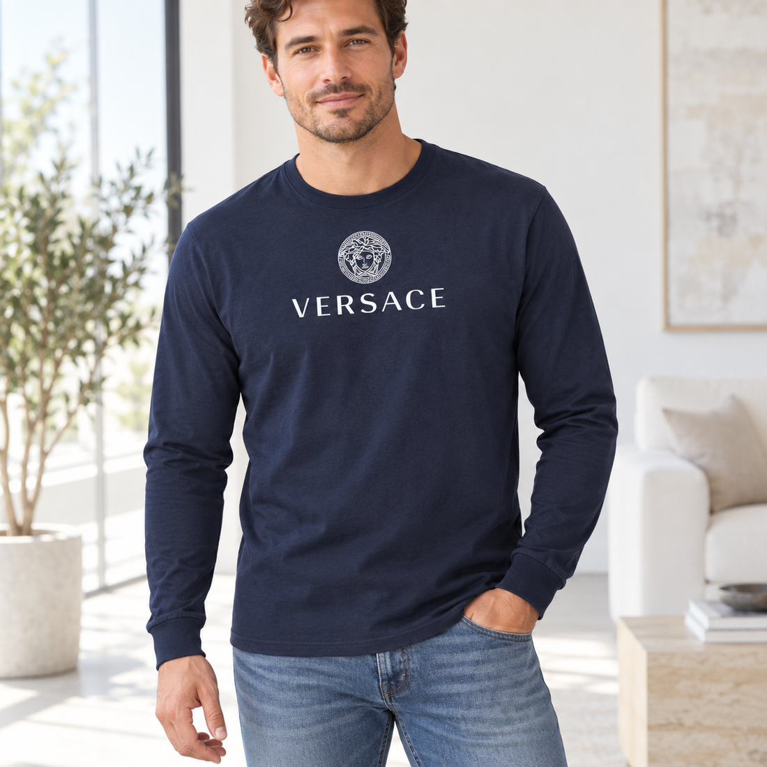 Men's Versace Cotton Long Sleeve T-Shirt | Color: navy | Image 2