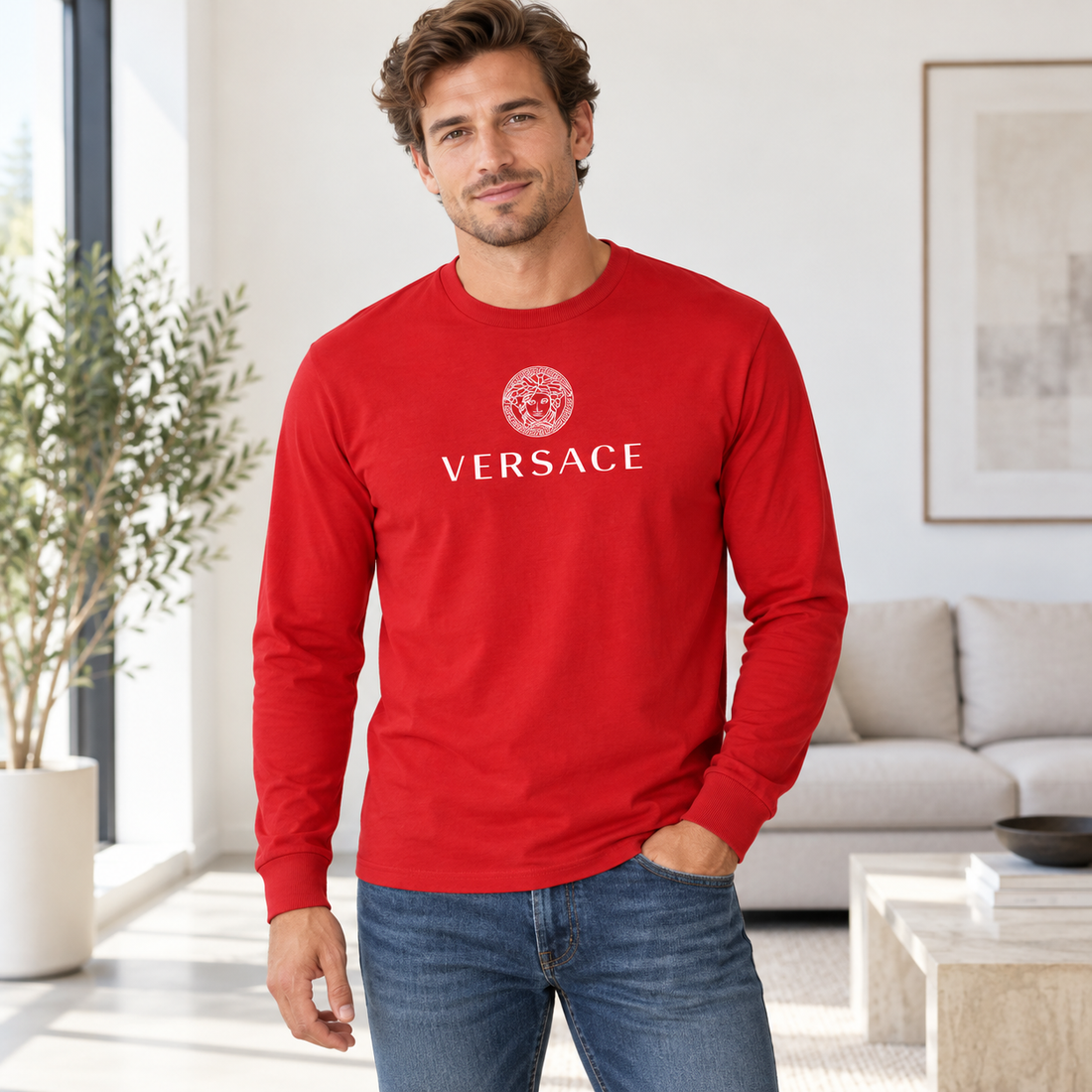 Men's Versace Cotton Long Sleeve T-Shirt | Color: red | Image 2