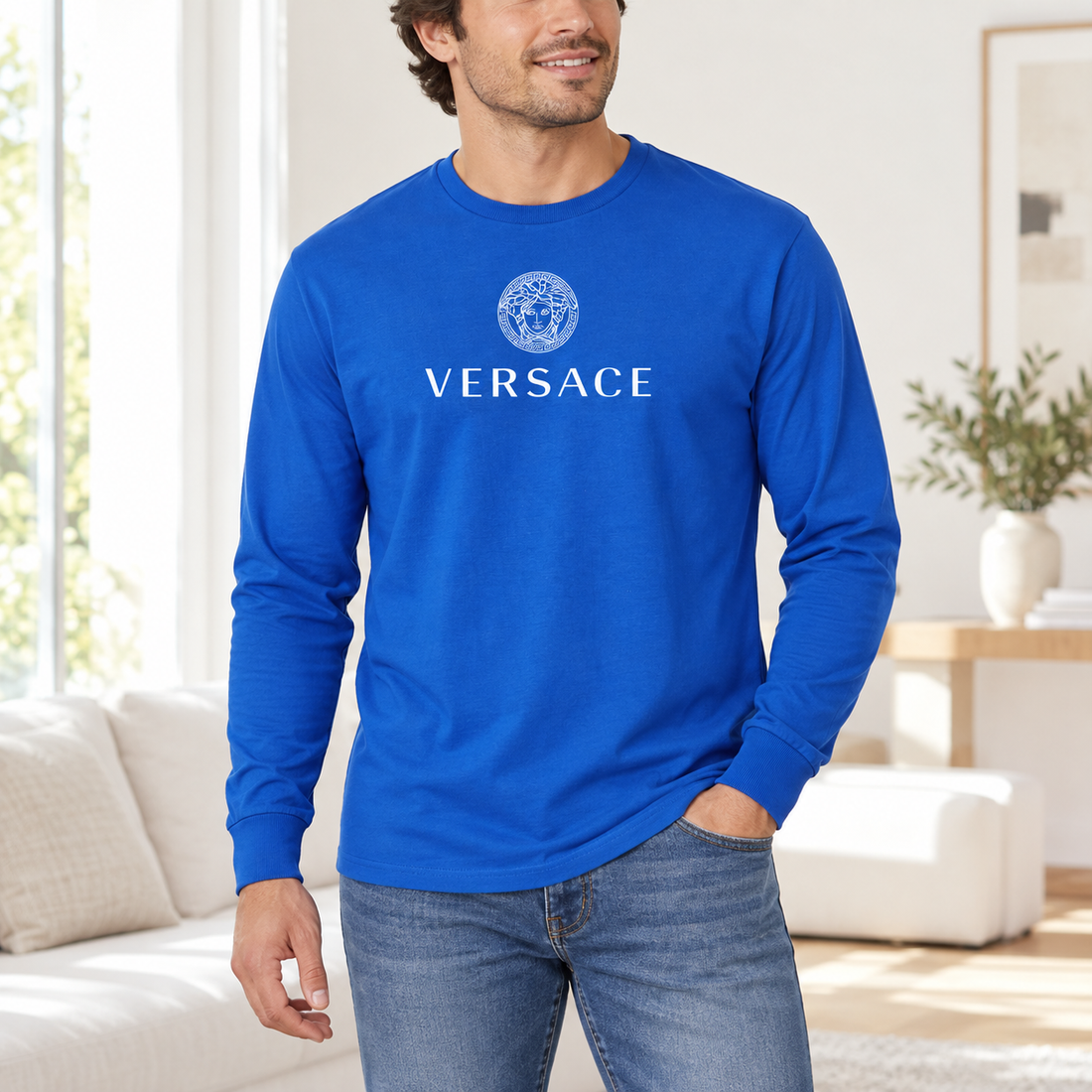Men's Versace Cotton Long Sleeve T-Shirt | Color: royal blue | Image 2