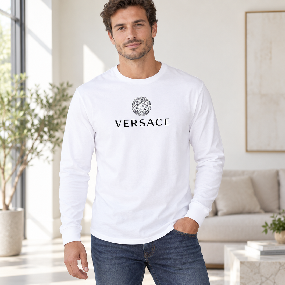 Men's Versace Cotton Long Sleeve T-Shirt | Color: white | Image 2