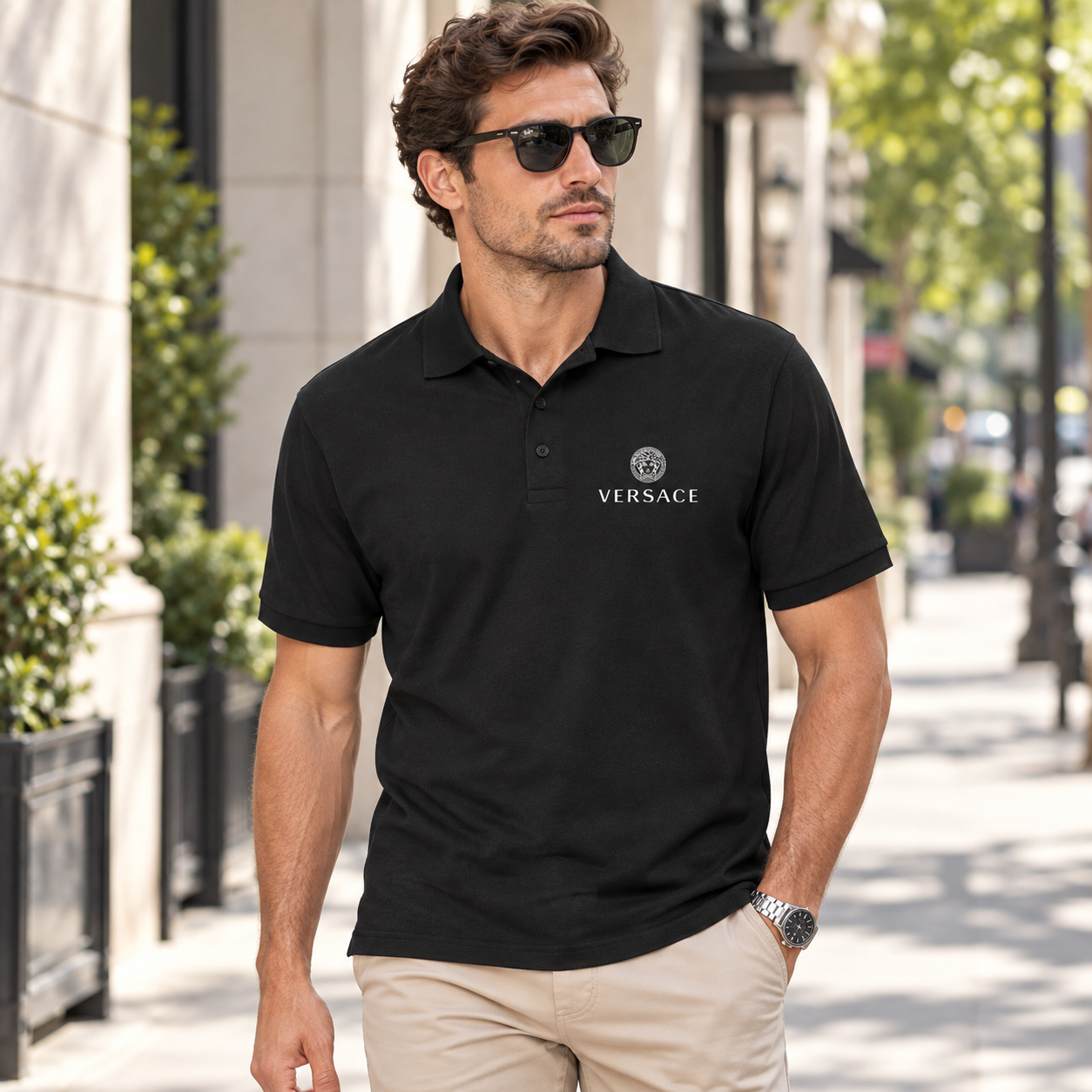 Men's Versace Dry Blend Polo | Color: Black | Image 3