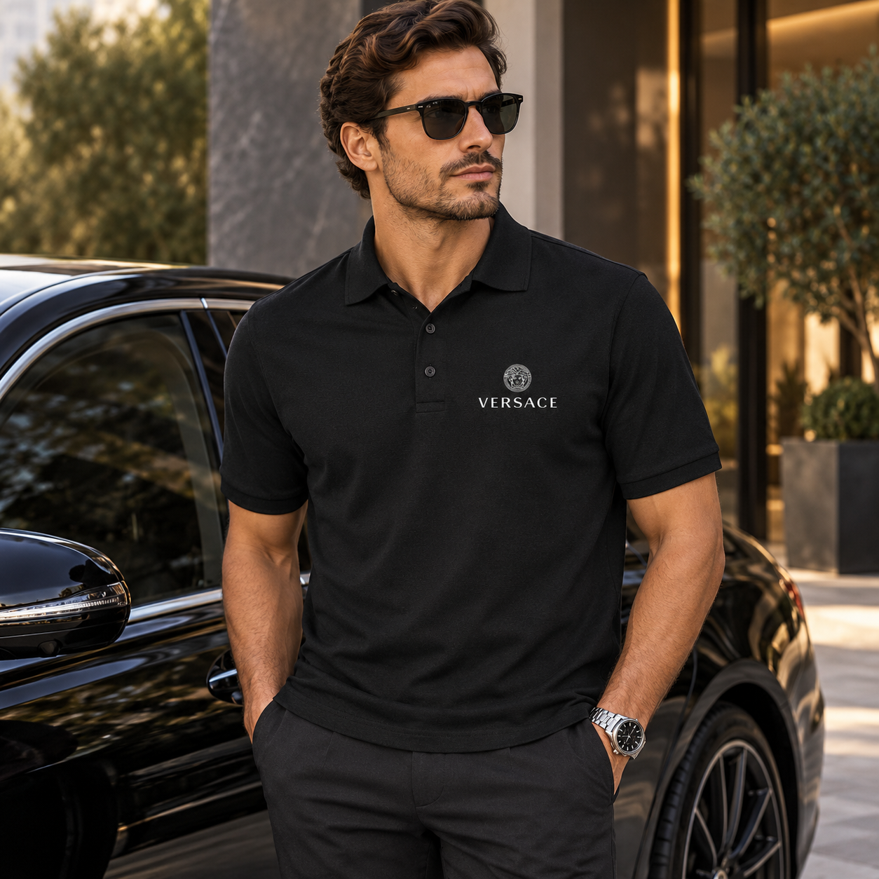 Men's Versace Dry Blend Polo | Color: Black | Image 4
