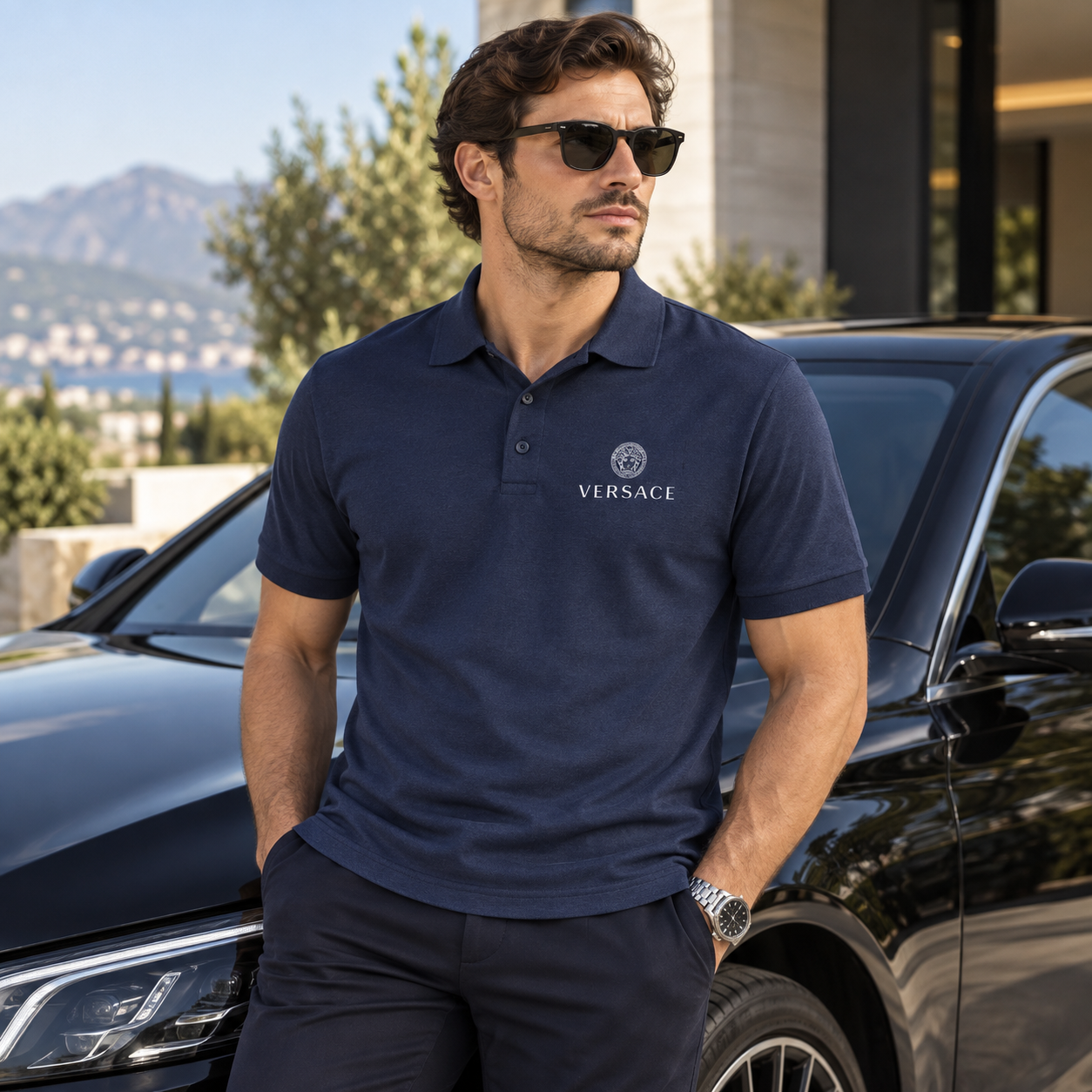 Men's Versace Dry Blend Polo | Color: Navy | Image 4
