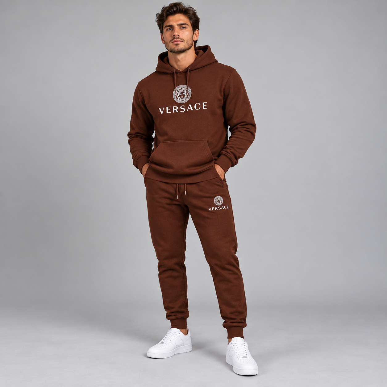 Men's Versace Hoodie Joggers Set | Color: Brown | Image 2