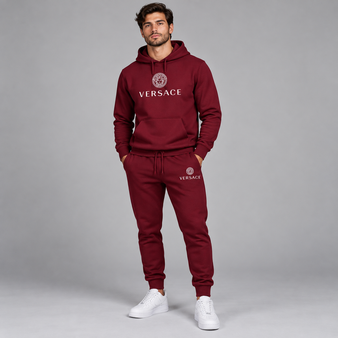 Men's Versace Hoodie Joggers Set | Color: Burgundy | Image 2