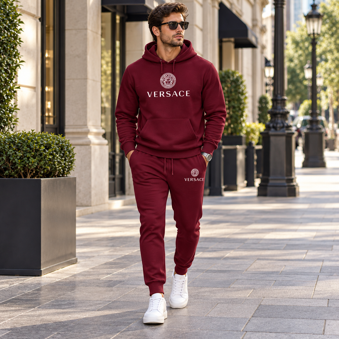 Men's Versace Hoodie Joggers Set | Color: Burgundy | Image 3