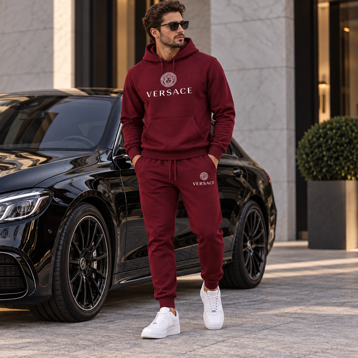 Men's Versace Hoodie Joggers Set | Color: Burgundy | Image 4