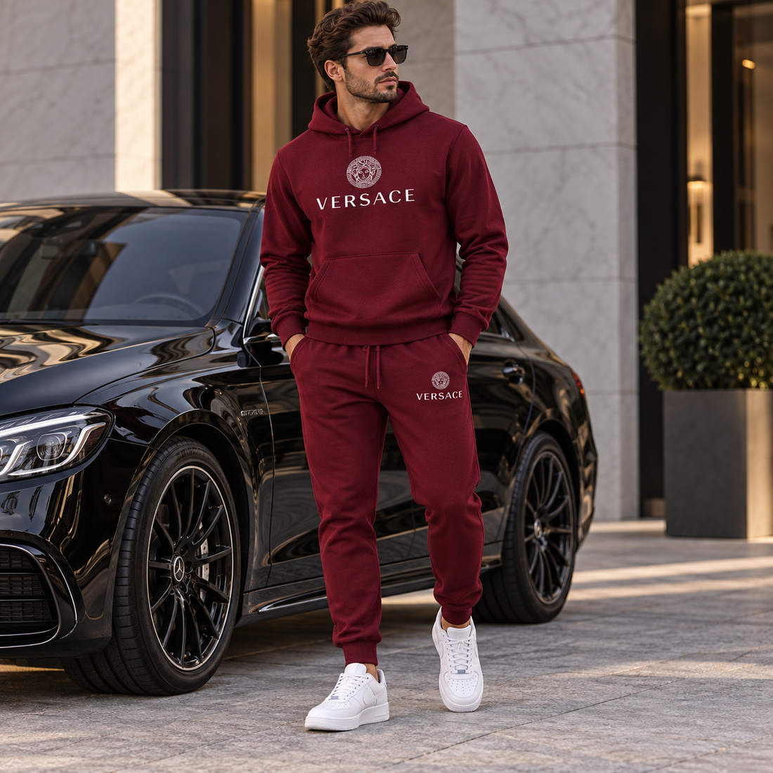 Men's Versace Hoodie Joggers Set | Color: Burgundy | Image 4