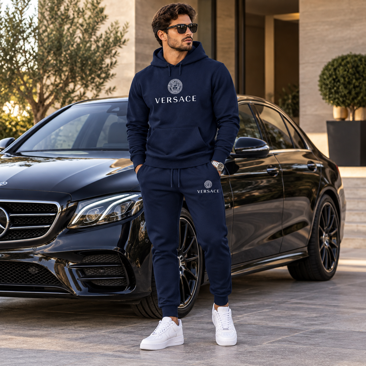 Men's Versace Hoodie Joggers Set | Color: Navy | Image 4