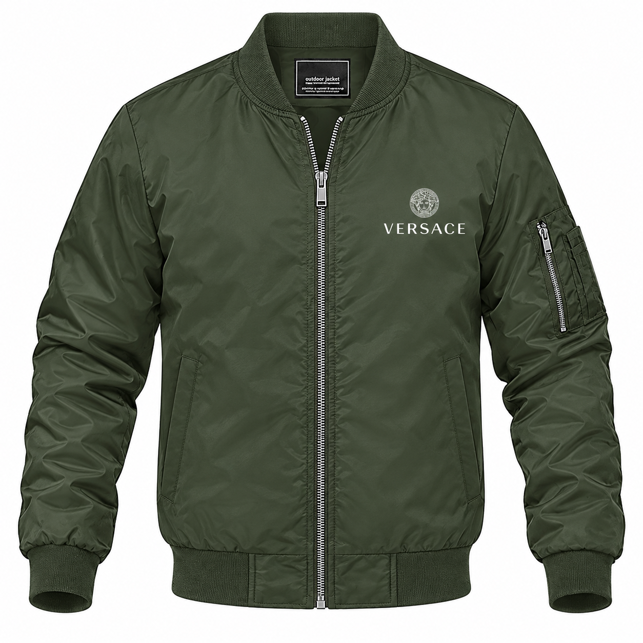 Men's Versace Lightweight Bomber Jacket Windbreaker Softshell Varsity Jacket Coat | Color: Army Green | Image 1