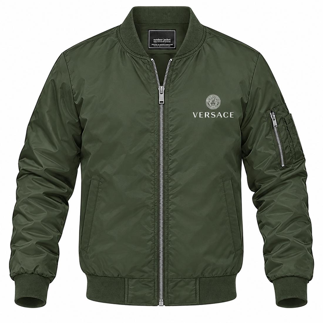 Men's Versace Lightweight Bomber Jacket Windbreaker Softshell Varsity Jacket Coat | Color: Army Green | Image 1