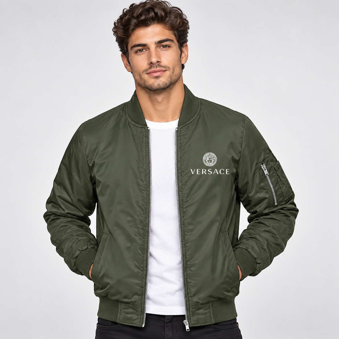Men's Versace Lightweight Bomber Jacket Windbreaker Softshell Varsity Jacket Coat | Color: Army Green | Image 2