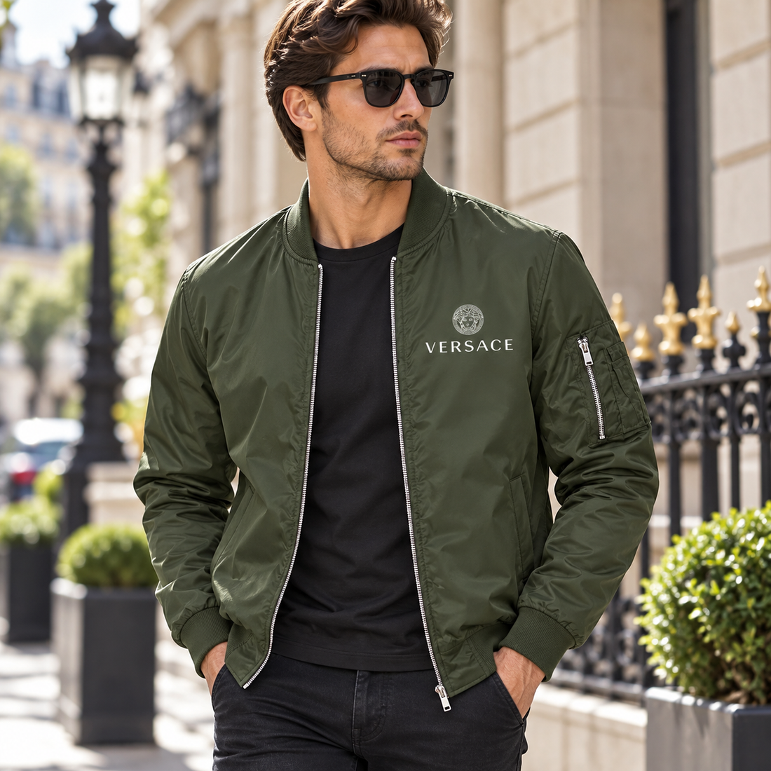 Men's Versace Lightweight Bomber Jacket Windbreaker Softshell Varsity Jacket Coat | Color: Army Green | Image 3