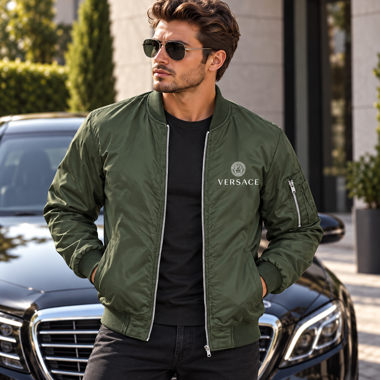 Men's Versace Lightweight Bomber Jacket Windbreaker Softshell Varsity Jacket Coat | Color: Army Green | Image 4