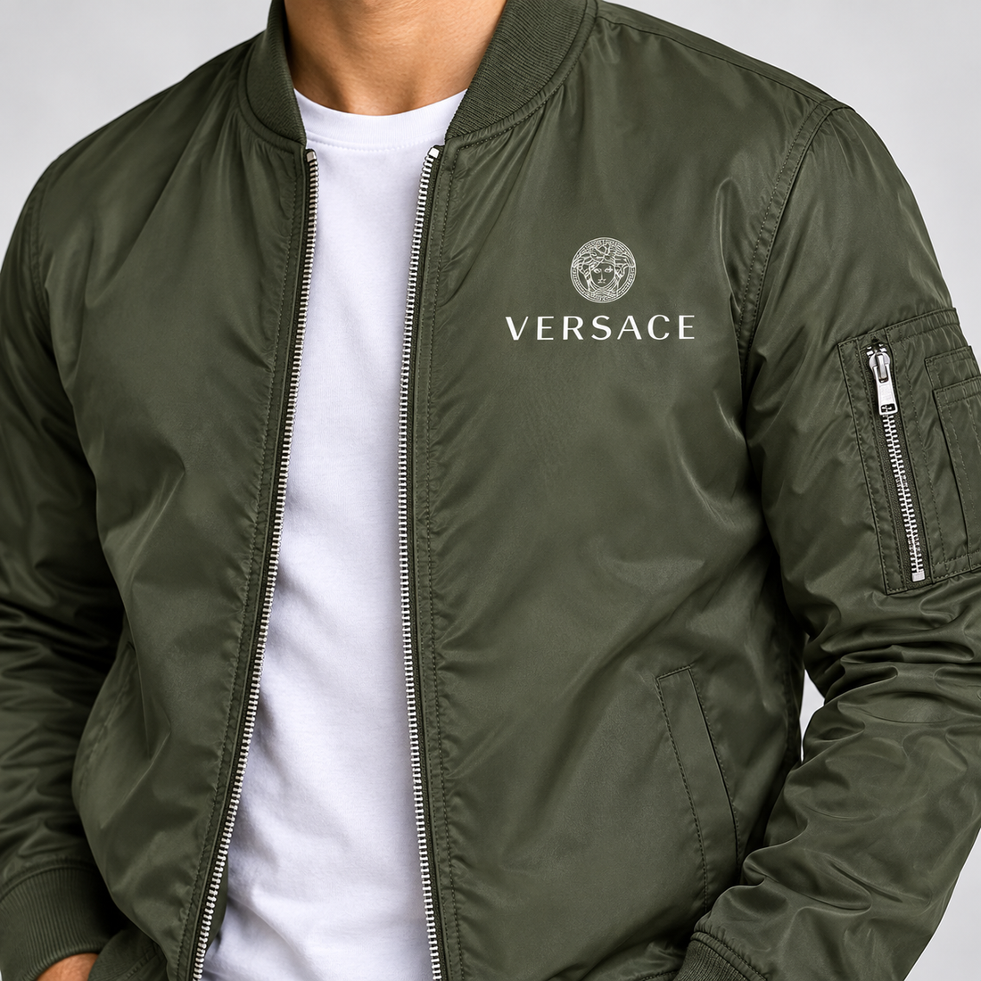 Men's Versace Lightweight Bomber Jacket Windbreaker Softshell Varsity Jacket Coat | Color: Army Green | Image 5