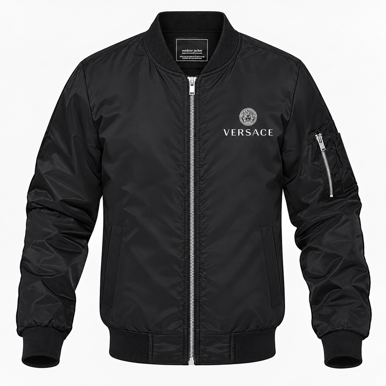 Men's Versace Lightweight Bomber Jacket Windbreaker Softshell Varsity Jacket Coat | Color: Black | Image 1