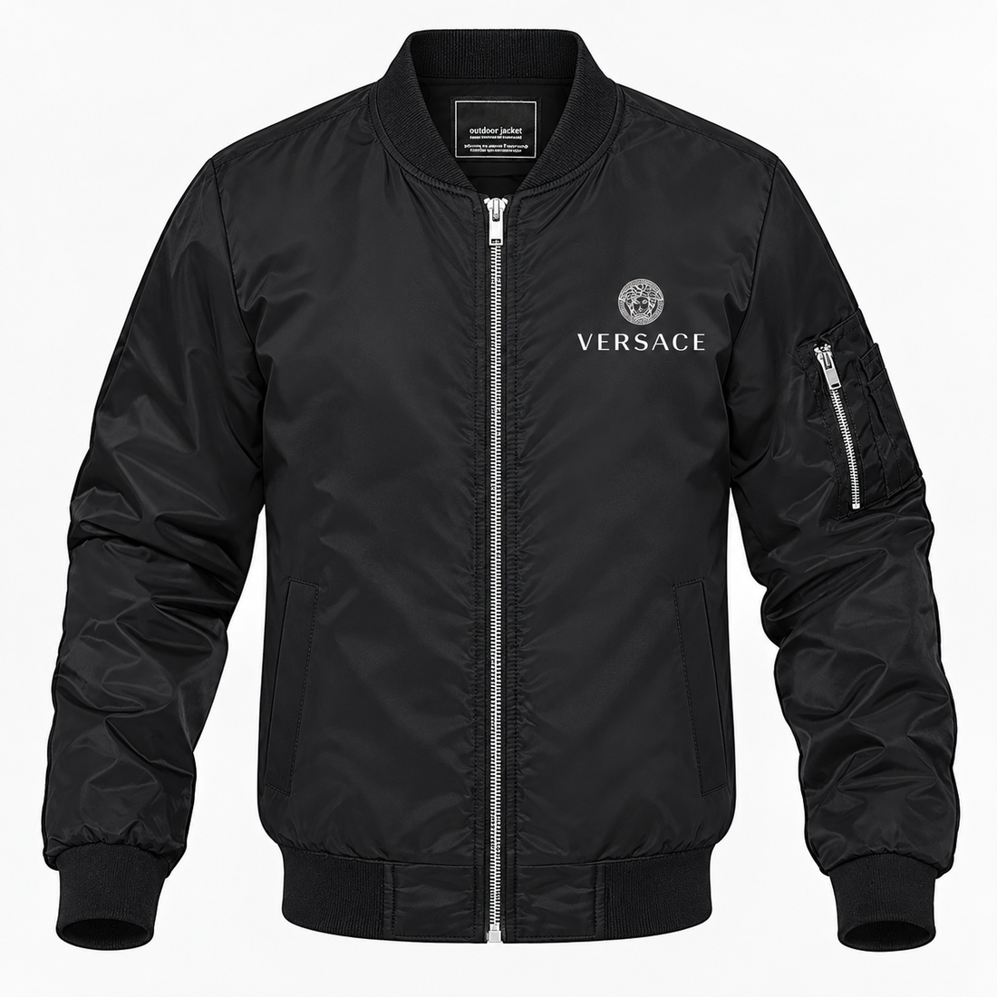 Men's Versace Lightweight Bomber Jacket Windbreaker Softshell Varsity Jacket Coat | Color: Black | Image 1