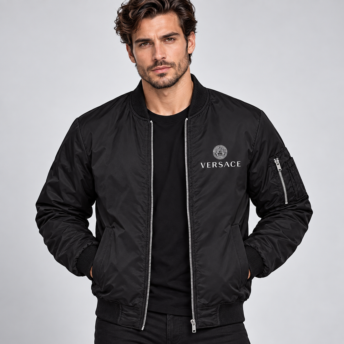 Men's Versace Lightweight Bomber Jacket Windbreaker Softshell Varsity Jacket Coat | Color: Black | Image 2