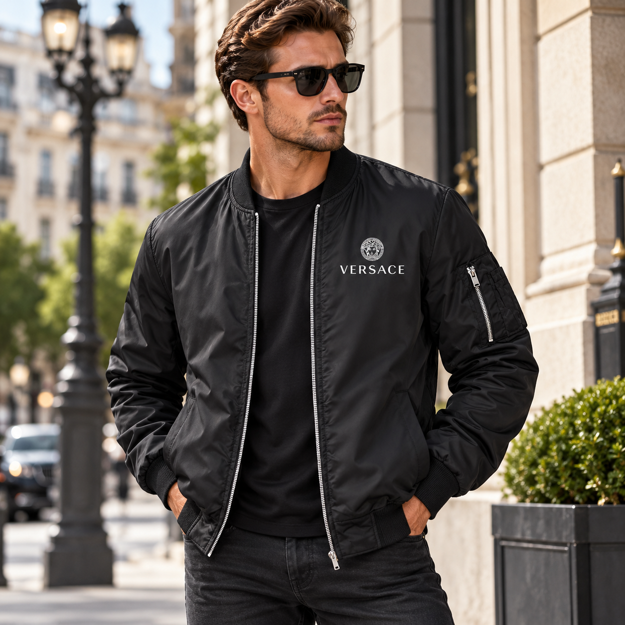 Men's Versace Lightweight Bomber Jacket Windbreaker Softshell Varsity Jacket Coat | Color: Black | Image 3