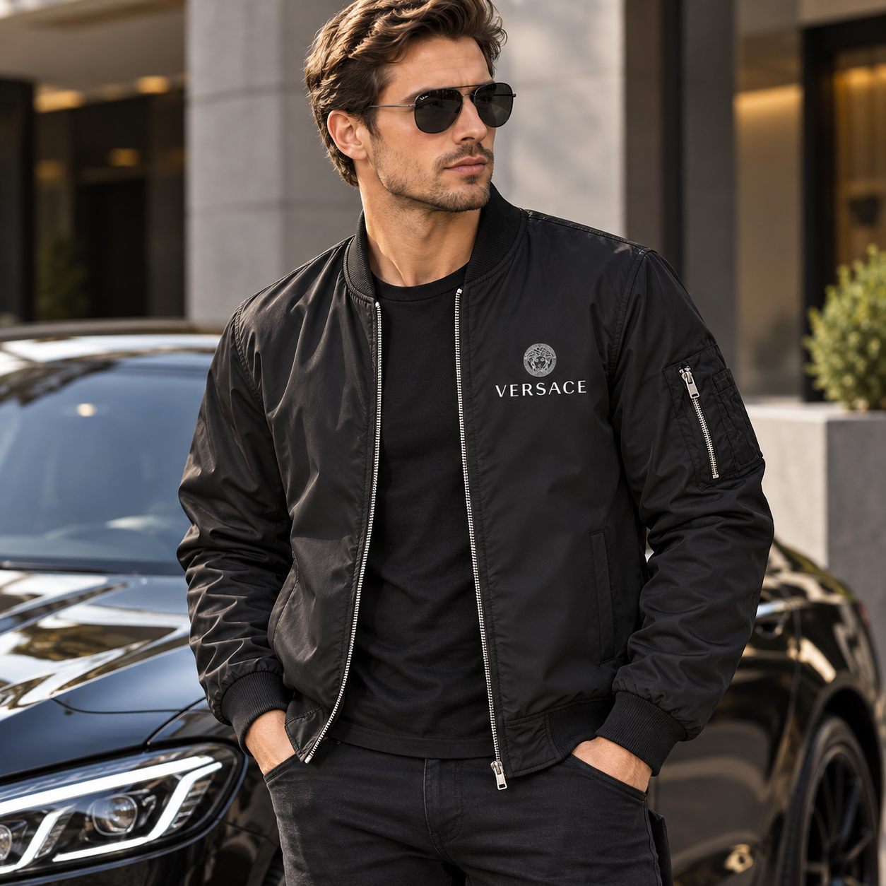 Men's Versace Lightweight Bomber Jacket Windbreaker Softshell Varsity Jacket Coat | Color: Black | Image 4