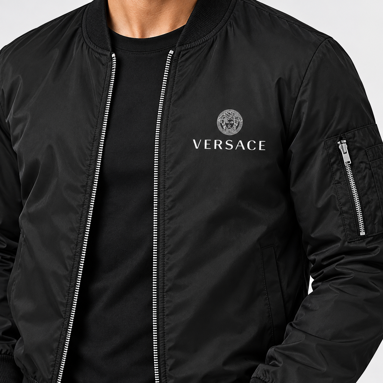 Men's Versace Lightweight Bomber Jacket Windbreaker Softshell Varsity Jacket Coat | Color: Black | Image 5