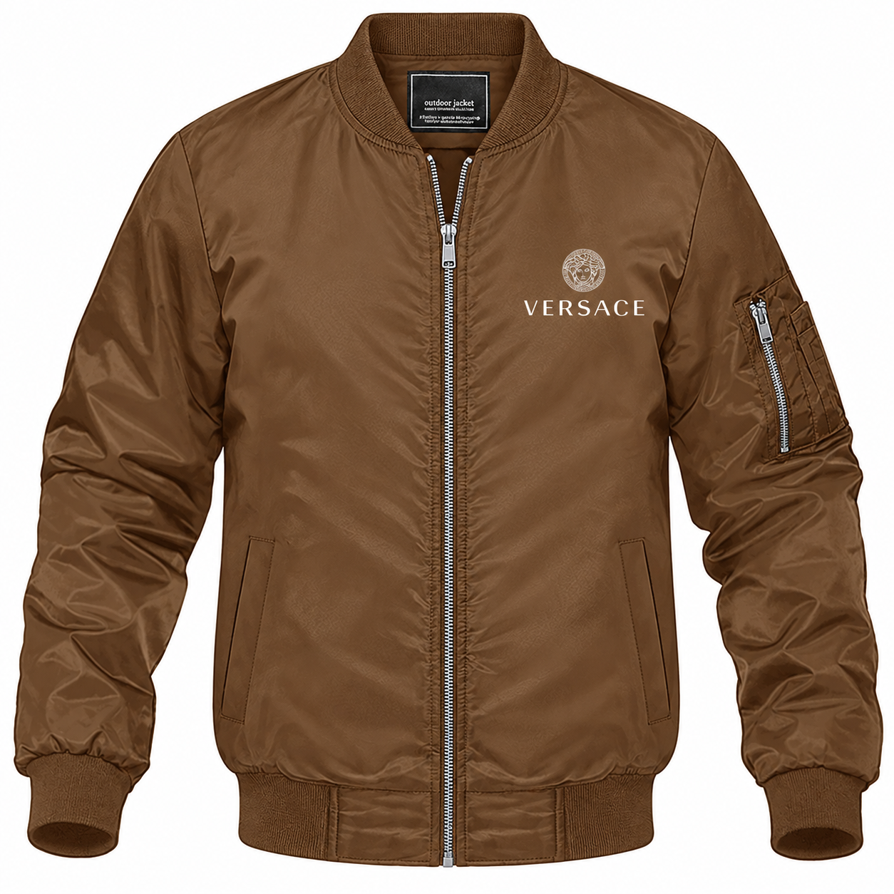 Men's Versace Lightweight Bomber Jacket Windbreaker Softshell Varsity Jacket Coat | Color: Brown | Image 1