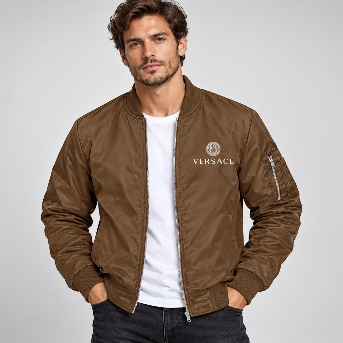 Men's Versace Lightweight Bomber Jacket Windbreaker Softshell Varsity Jacket Coat | Color: Brown | Image 2