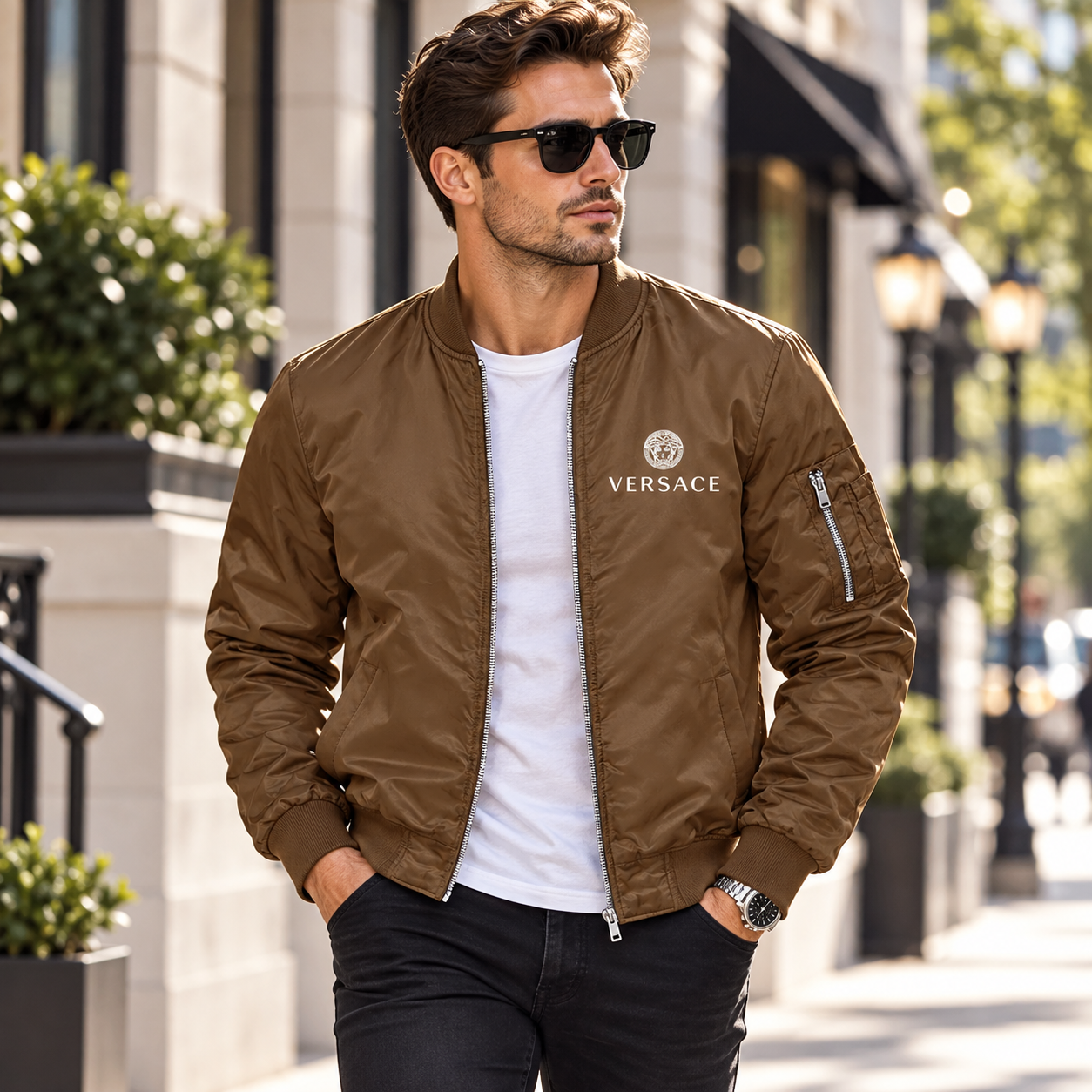 Men's Versace Lightweight Bomber Jacket Windbreaker Softshell Varsity Jacket Coat | Color: Brown | Image 3