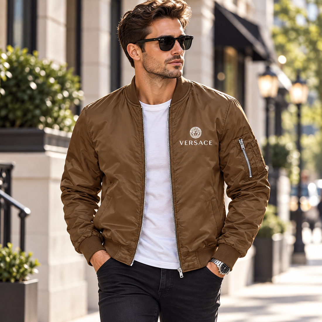 Men's Versace Lightweight Bomber Jacket Windbreaker Softshell Varsity Jacket Coat | Color: Brown | Image 3