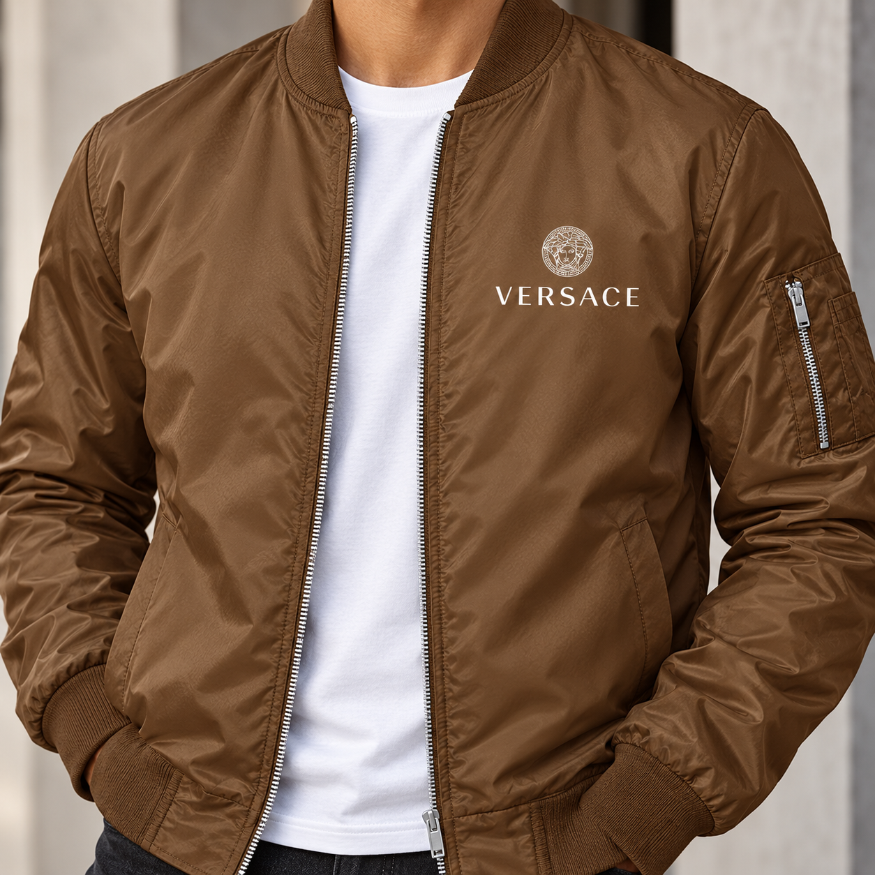 Men's Versace Lightweight Bomber Jacket Windbreaker Softshell Varsity Jacket Coat | Color: Brown | Image 5