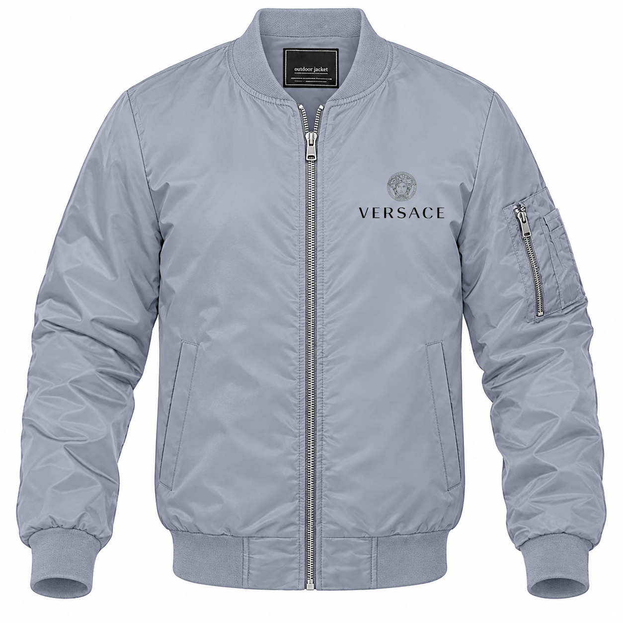 Men's Versace Lightweight Bomber Jacket Windbreaker Softshell Varsity Jacket Coat | Color: Grey | Image 1