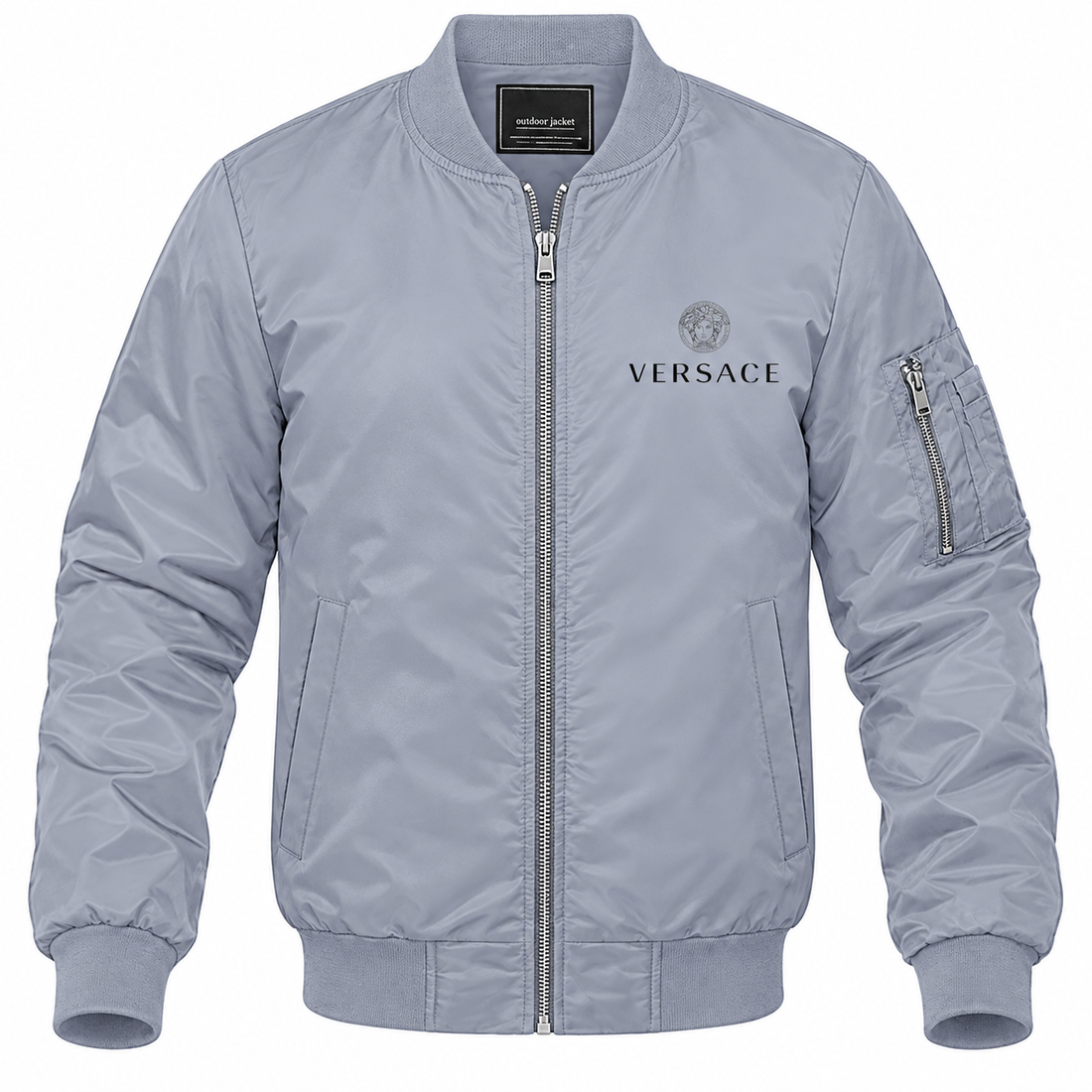 Men's Versace Lightweight Bomber Jacket Windbreaker Softshell Varsity Jacket Coat | Color: Grey | Image 1