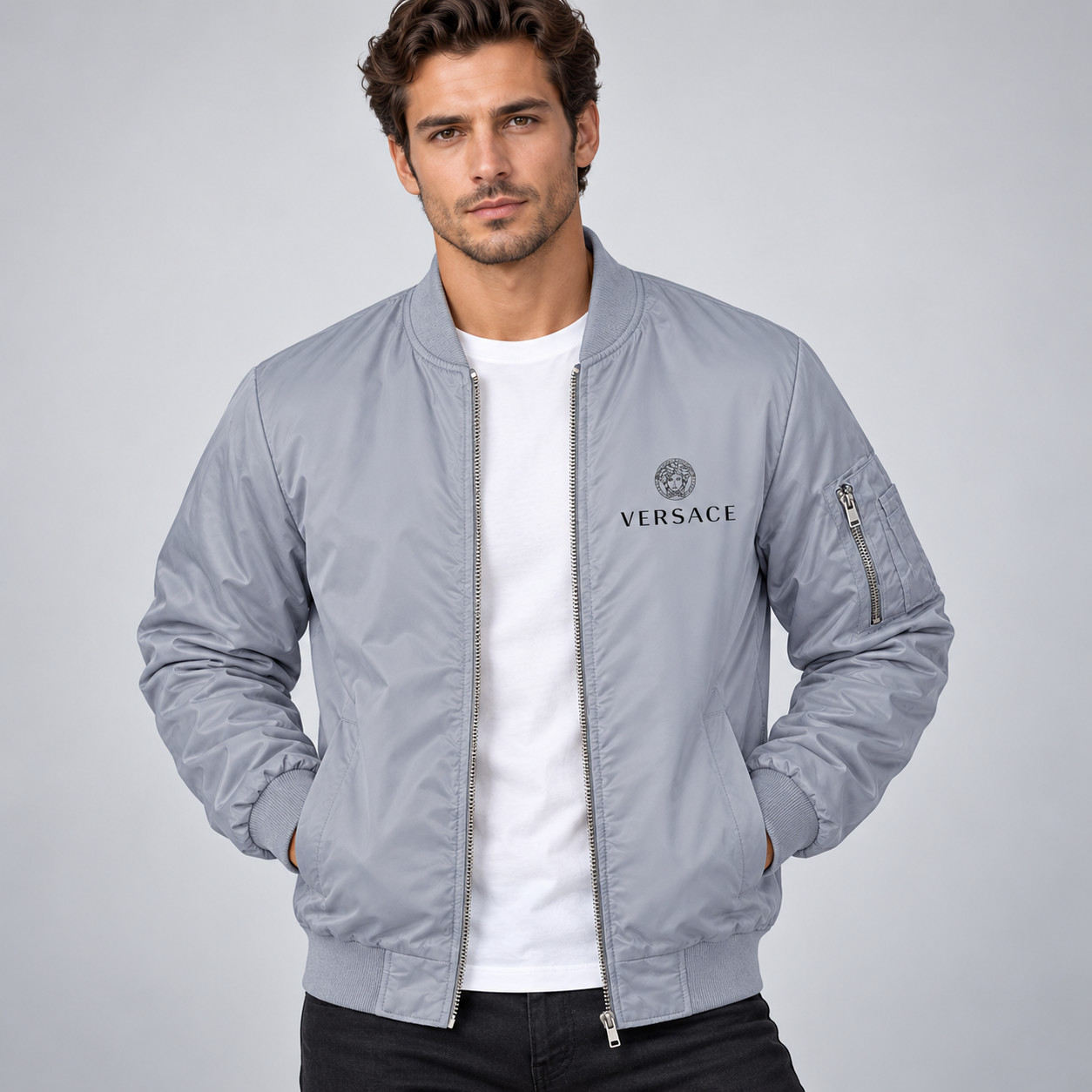 Men's Versace Lightweight Bomber Jacket Windbreaker Softshell Varsity Jacket Coat | Color: Grey | Image 2