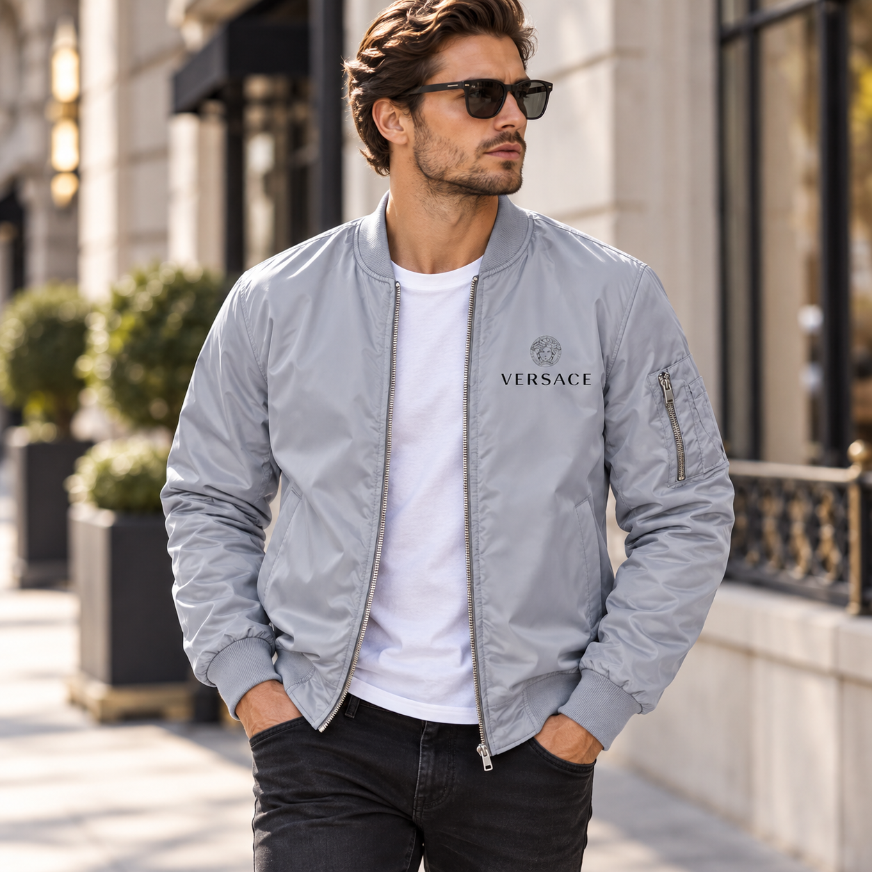 Men's Versace Lightweight Bomber Jacket Windbreaker Softshell Varsity Jacket Coat | Color: Grey | Image 3