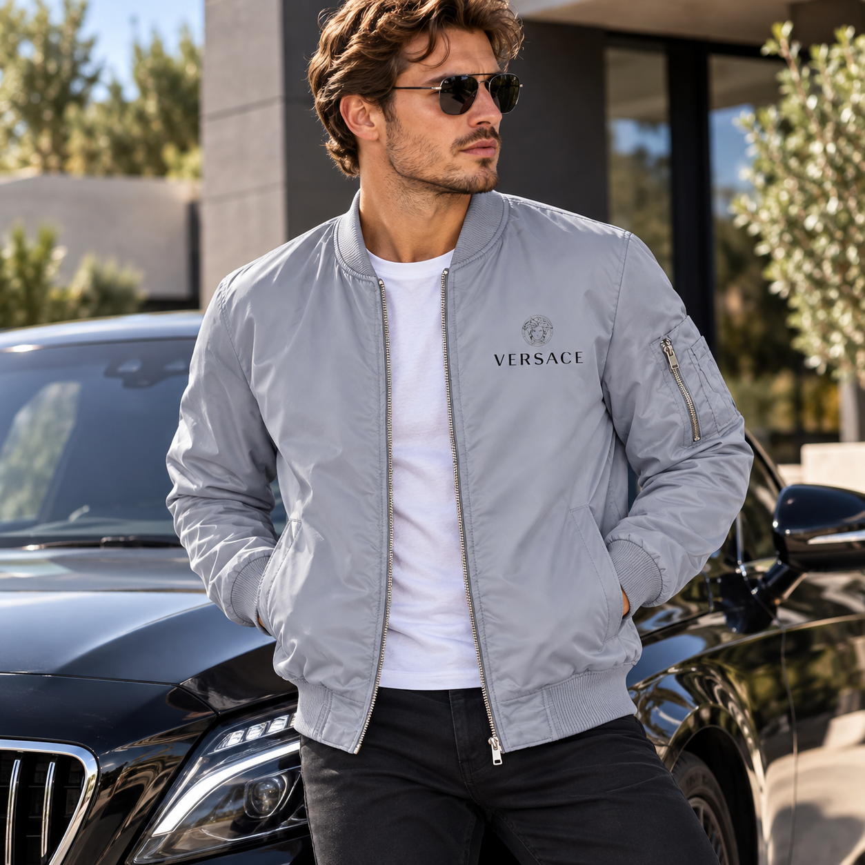 Men's Versace Lightweight Bomber Jacket Windbreaker Softshell Varsity Jacket Coat | Color: Grey | Image 4