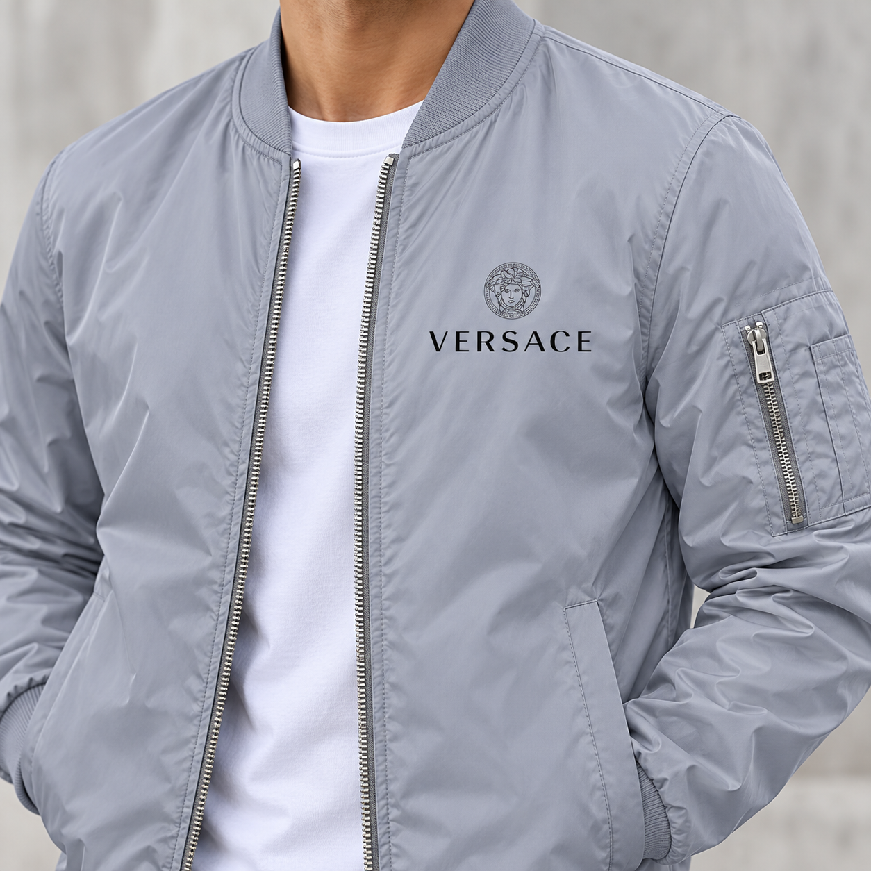 Men's Versace Lightweight Bomber Jacket Windbreaker Softshell Varsity Jacket Coat | Color: Grey | Image 5
