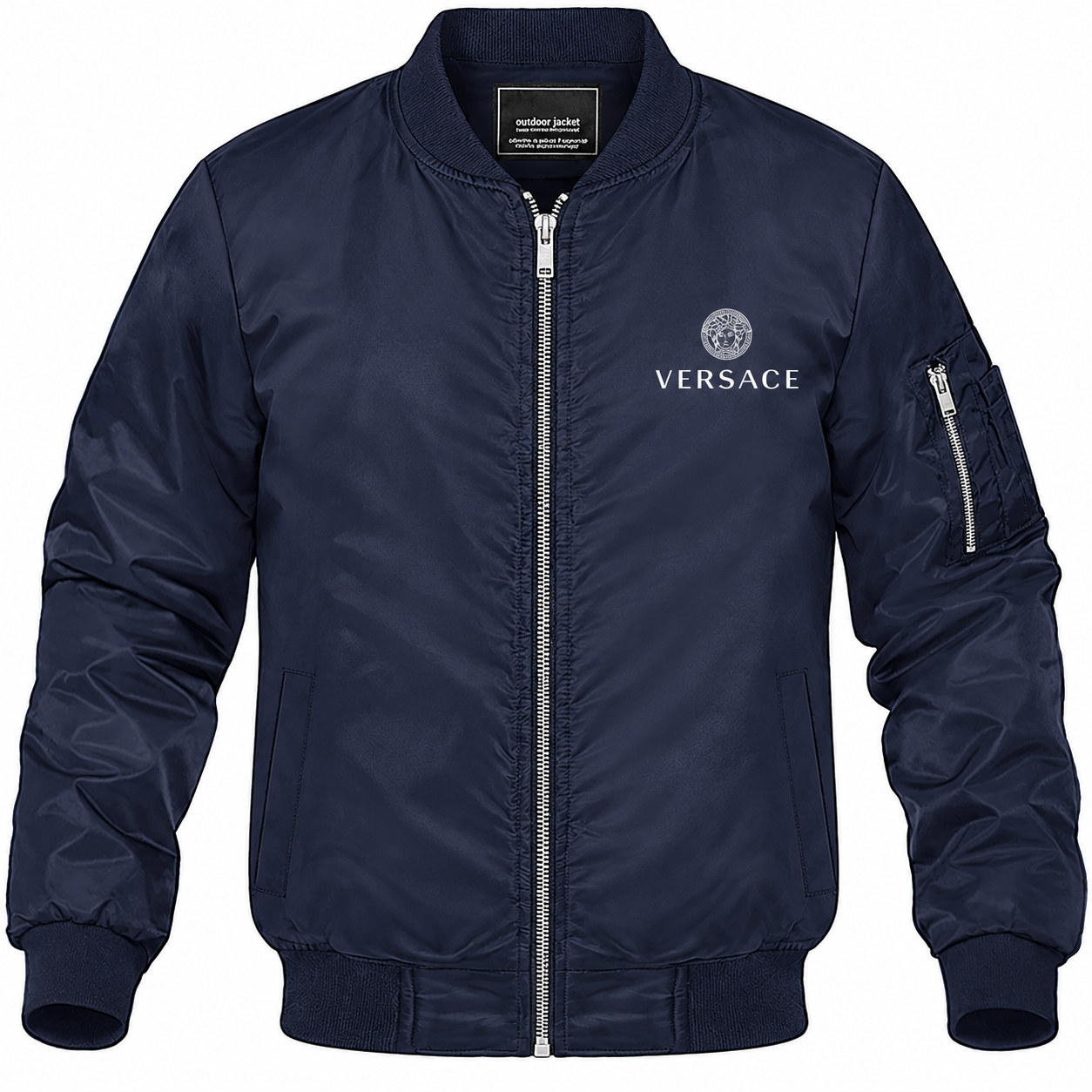 Men's Versace Lightweight Bomber Jacket Windbreaker Softshell Varsity Jacket Coat | Color: Navy | Image 1