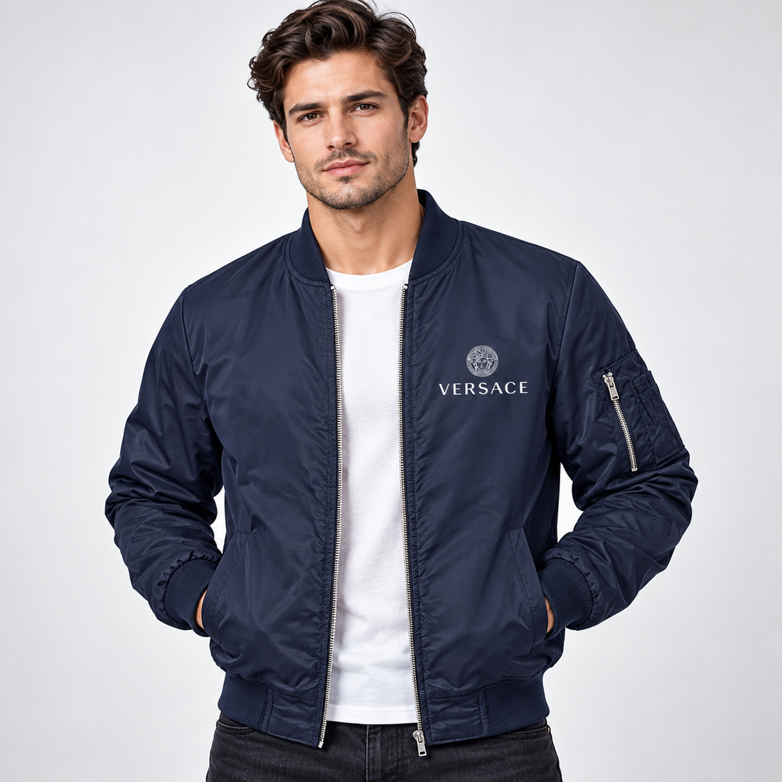 Men's Versace Lightweight Bomber Jacket Windbreaker Softshell Varsity Jacket Coat | Color: Navy | Image 2
